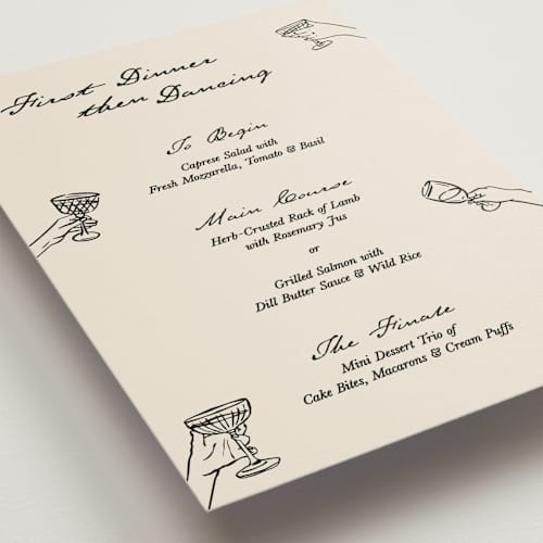 This is a tuxedo menu cards with standard by Opal and Helene called first dinner, then dancing printing on signature in standard