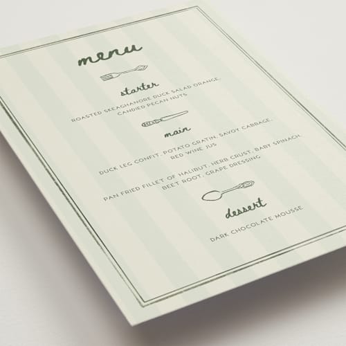 This is a seafoam menu cards with standard by Vera Lim called whimsy.. printing on signature in standard