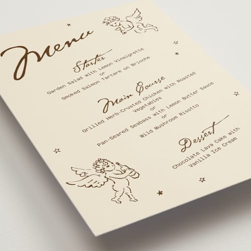 This is a linen menu cards with standard by Cass Loh called the cupid’s touch printing on signature in standard