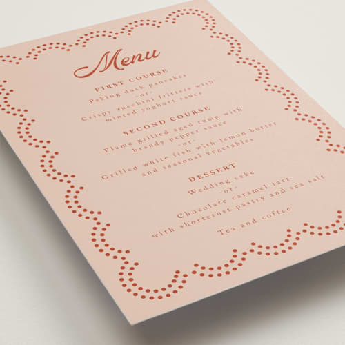 This is a hot coral menu cards with standard by Kampai Designs called florent printing on signature in standard