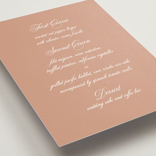 This is a burnt peach menu cards with standard by Becky Nimoy called burnt peach printing on signature in standard