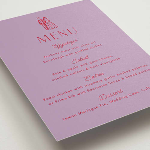 This is a lavender menu cards with standard by Becky Nimoy called cake topper printing on signature in standard