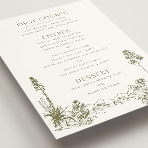 This is a verde menu cards with standard by Megan Davis called rancho printing on signature in standard