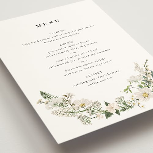 This is a opal menu cards with standard by Susan Moyal called lilac bloom printing on signature in standard