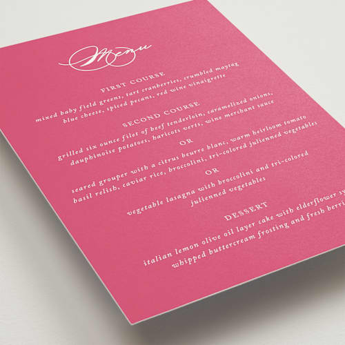 This is a carnation menu cards with standard by Jennifer Postorino called everlasting printing on signature in standard