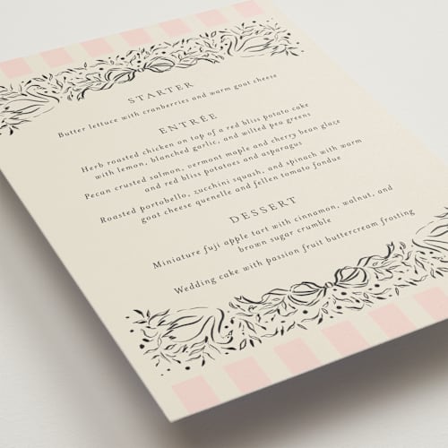 This is a peony menu cards with standard by Jackie Crawford called hand illustrated crest printing on signature in 5x7