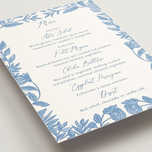 This is a porcelain menu cards with standard by Elly called porcelain floral printing on signature in 5x7