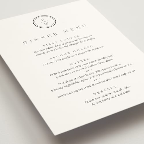 This is a cotton menu cards with standard by Stacey Meacham called circle monogram printing on signature in 5x7