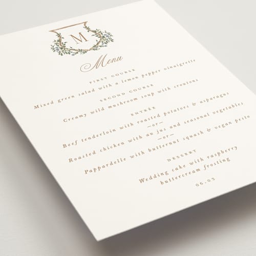 This is a lake menu cards with standard by Leah Bisch called arbour printing on signature in 5x7