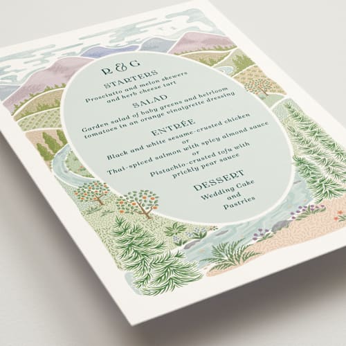 This is a pine menu cards with standard by Paper Sun Studio called river valley printing on signature in standard
