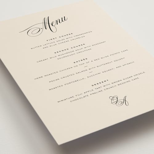 This is a almond menu cards with standard by Eric Clegg called modern romance printing on signature in standard