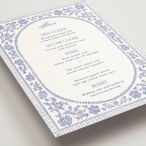 This is a cerulean menu cards with standard by Jenna Holcomb called embroidered printing on signature in standard