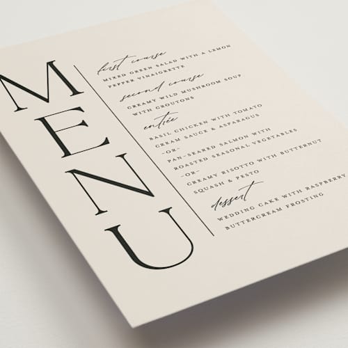 This is a ecru menu cards with standard by Erica Krystek called modern monogram printing on signature in standard