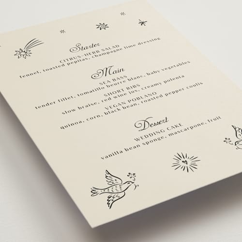 This is a ivory menu cards with standard by Ani Somi called milagro printing on signature in standard