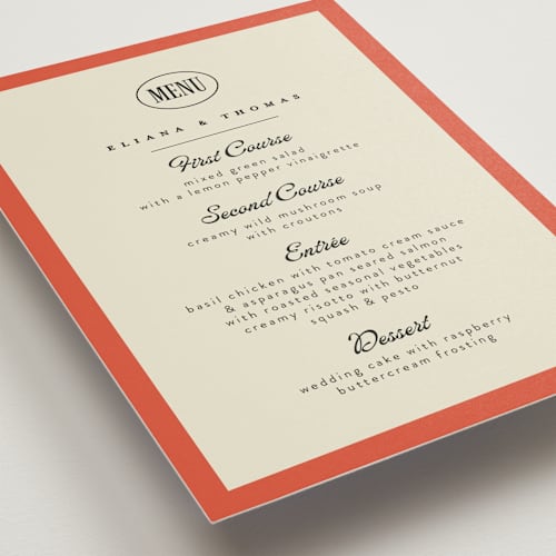 This is a tangerine menu cards with standard by Alethea and Ruth called modern bold printing on signature in standard