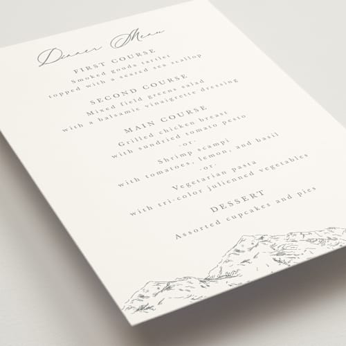 This is a pewter menu cards with standard by Sarah Brown called mountainview printing on signature in standard