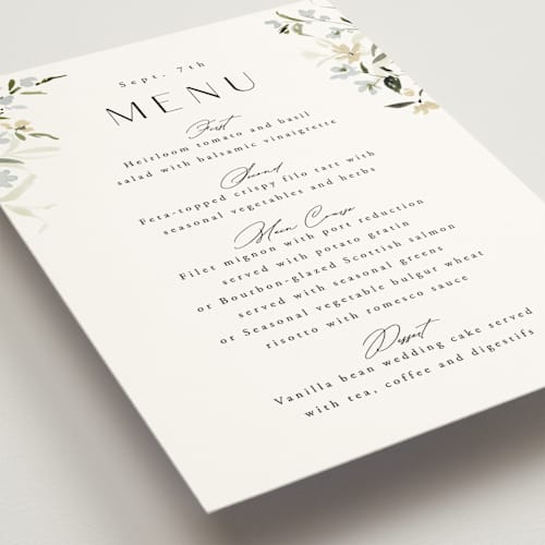 This is a lily menu cards with standard by Everett Paper Goods called fleur printing on signature in 5x7