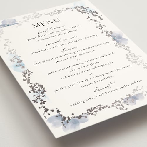 This is a serenity menu cards with foil pressed by Susan Moyal called layered florals printing on signature in standard