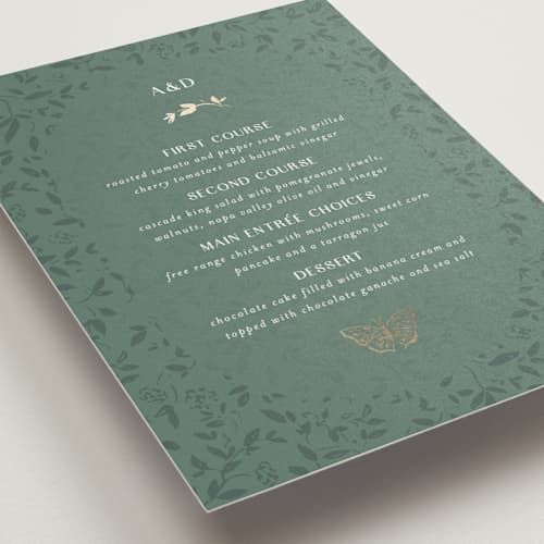 This is a eucalyptus menu cards with foil pressed by Simona Camp called southern romance printing on signature in 5x7