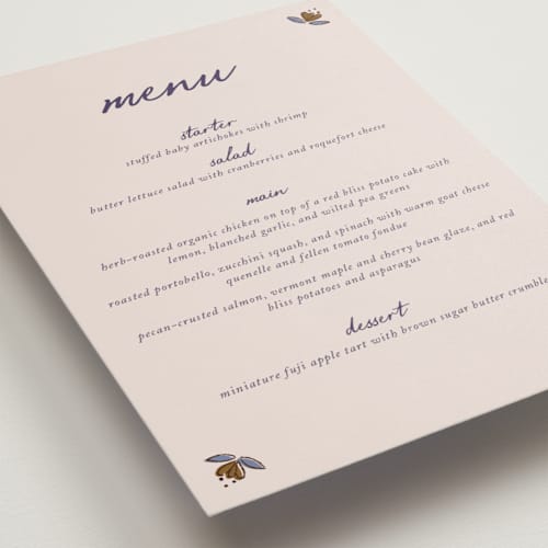 This is a wisteria menu cards with foil pressed by Monika Konieczna called together in bloom printing on signature in 5x7
