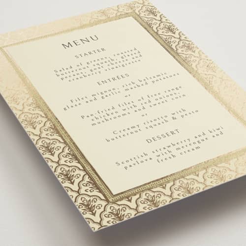 This is a marigold menu cards with foil pressed by Pati Cascino called aatreya printing on signature in standard