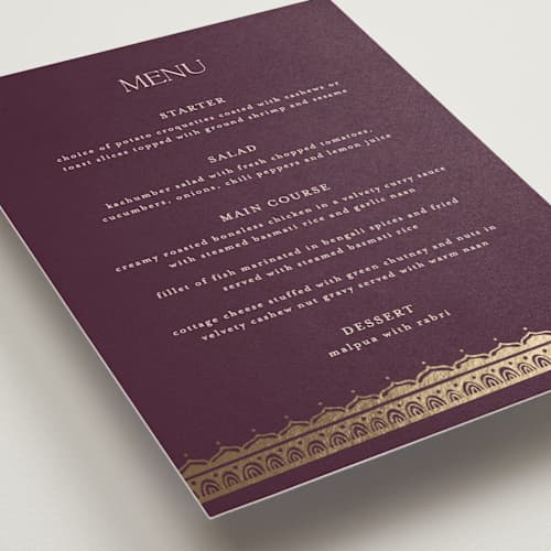 This is a plum menu cards with foil pressed by Randi Cirelli called arunima printing on signature in standard