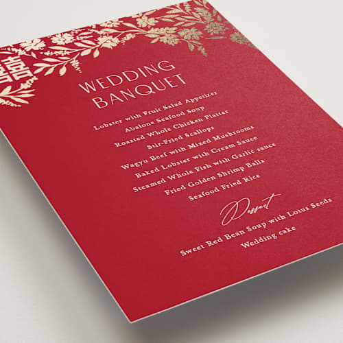 This is a ruby menu cards with foil pressed by Yaling Hou Suzuki called garden vines printing on signature in standard