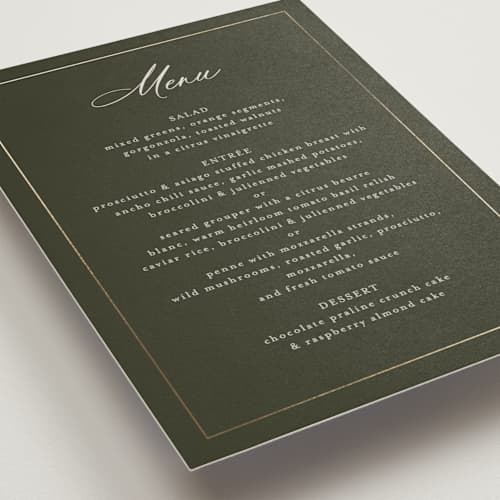 This is a deep olive menu cards with foil pressed by Nicole Walsh called refined printing on signature in 5x7