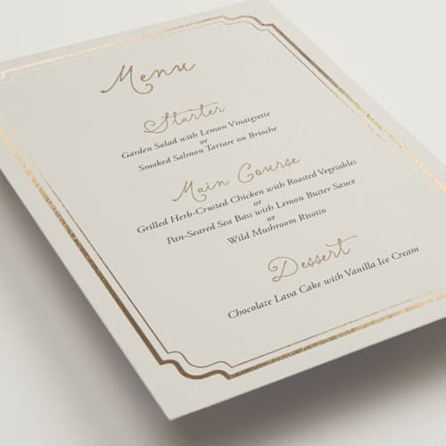 This is a champagne menu cards with foil pressed by Cass Loh called curved frame printing on signature in standard
