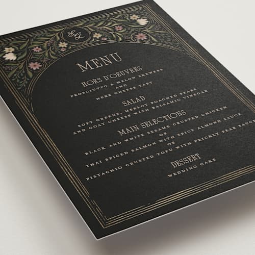 This is a noir menu cards with foil pressed by Randi Cirelli called emilie printing on signature in 5x7