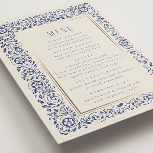 This is a dynasty blue menu cards with foil pressed by Ana de Sousa called tiled romance printing on signature in 5x7