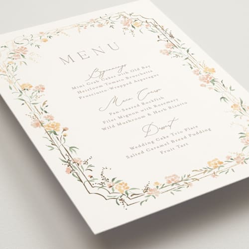 This is a golden summer menu cards with foil pressed by Erin L. Wilson called victorian trellis printing on signature in 5x7
