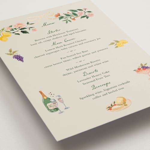 This is a garden menu cards with foil pressed by Elly called garden feast printing on signature in 5x7