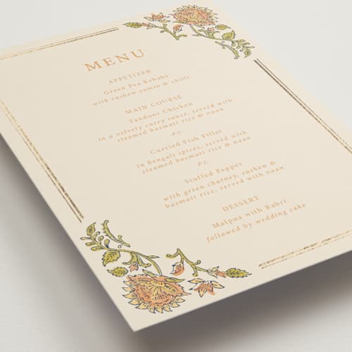 This is a ochre menu cards with foil pressed by Hannah Bowman called marigold printing on signature in 5x7