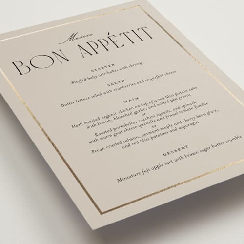 This is a champagne menu cards with foil pressed by Kristin Oliversen called luxe lines printing on signature in 5x7
