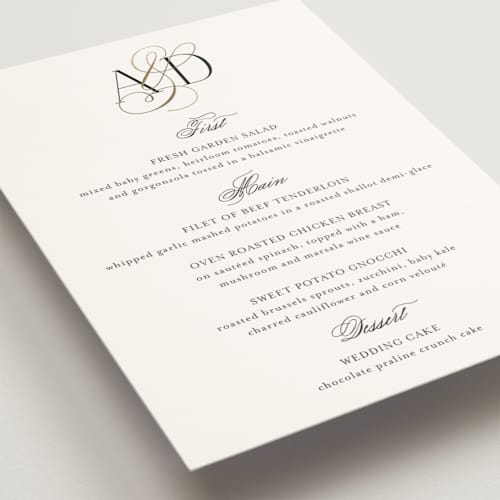 This is a cotton menu cards with foil pressed by Jennifer Postorino called gilded ampersand printing on signature in 5x7