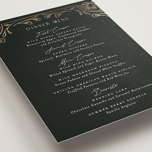 This is a onyx menu cards with foil pressed by Nicoletta Savod called majesty printing on signature in 5x7