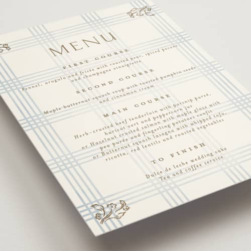 This is a belair menu cards with foil pressed by Grae called salt and ivory printing on signature in 5x7