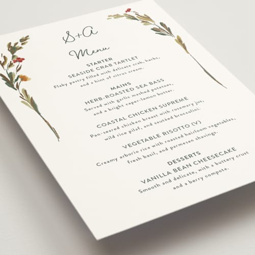 This is a garden green menu cards with foil pressed by Lucrecia Caporale called coastal bloom printing on signature in 5x7