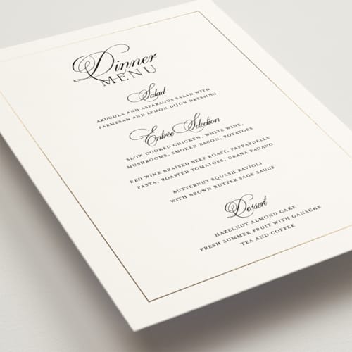 This is a silk menu cards with foil pressed by Kelly Schmidt called monogram script printing on signature in 5x7
