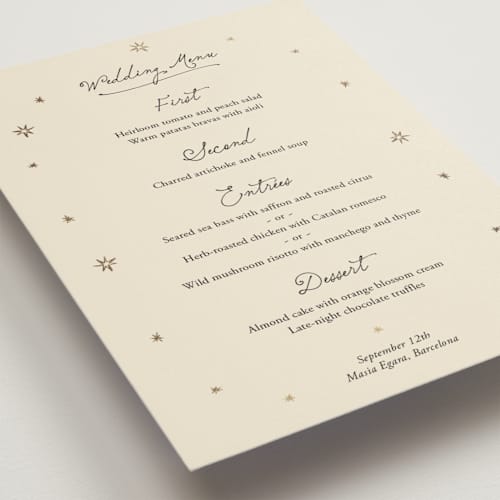 This is a noir menu cards with foil pressed by Ani Somi called written in the stars printing on signature in 5x7
