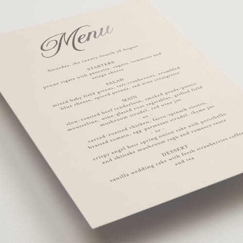 This is a antique menu cards with foil pressed by Nicole Walsh called tux printing on signature in 5x7