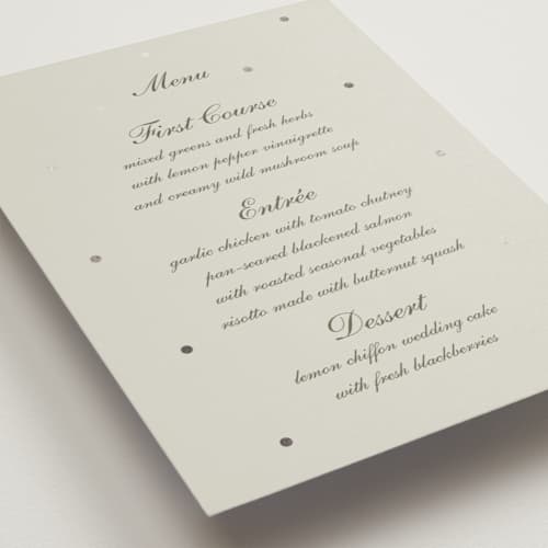 This is a fog menu cards with foil pressed by Baumbirdy called pearls printing on signature in 5x7