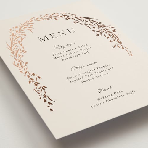 This is a almond menu cards with foil pressed by Erin L. Wilson called trailing vines printing on signature in standard