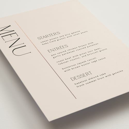 This is a linen menu cards with foil pressed by Kelly Schmidt called modern corner printing on signature in standard