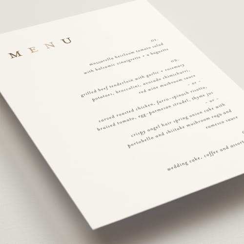 This is a cotton menu cards with foil pressed by Jennifer Postorino called wildflower printing on signature in standard