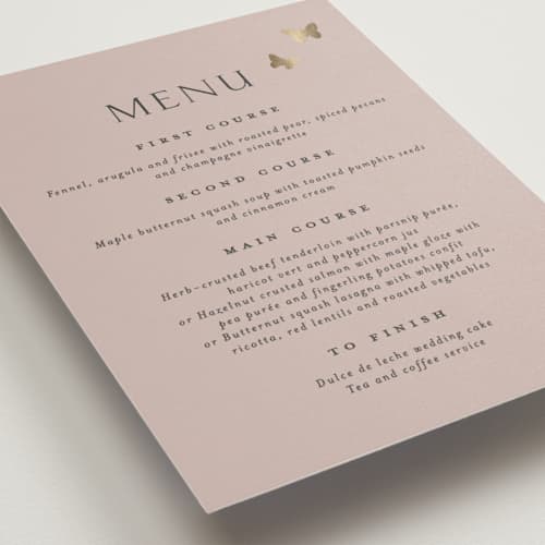 This is a blush meadow menu cards with foil pressed by Grae called dancing in the garden printing on signature in 5x7