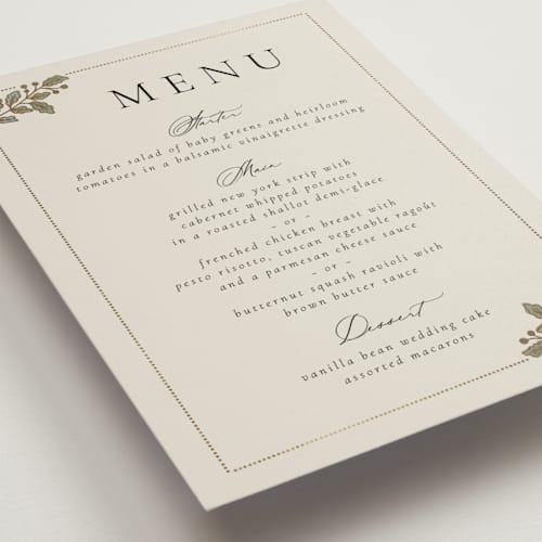 This is a fern menu cards with foil pressed by Jen Owens called vine wrap printing on signature in 5x7