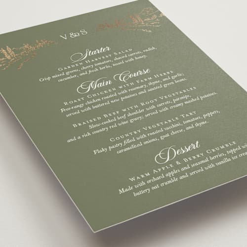 This is a sage menu cards with foil pressed by Lucrecia Caporale called country elegance printing on signature in 5x7