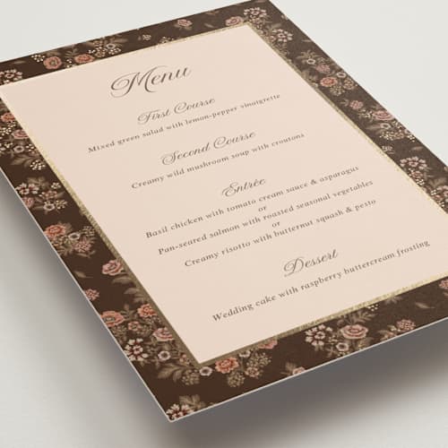 This is a chocolate menu cards with foil pressed by Paola Benenati called blooming path printing on signature in 5x7